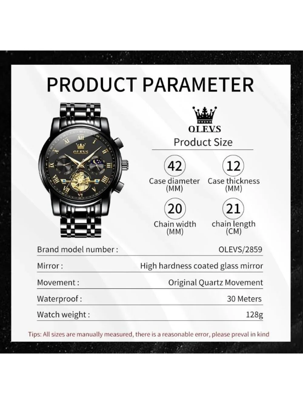 Men's Black Band and Black Face Stainless Steel Waterproof Big Face Wrist Watch